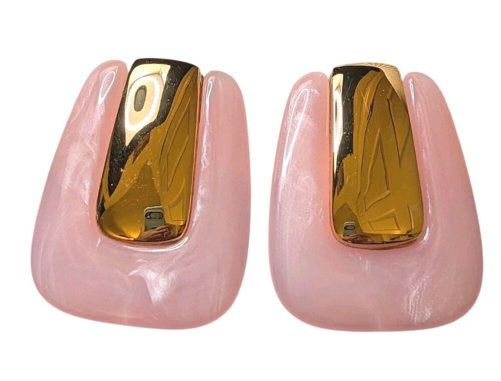 Vtg Avon Frosted Pink Classic CLIP Earrings Gold Tone Lucite Big